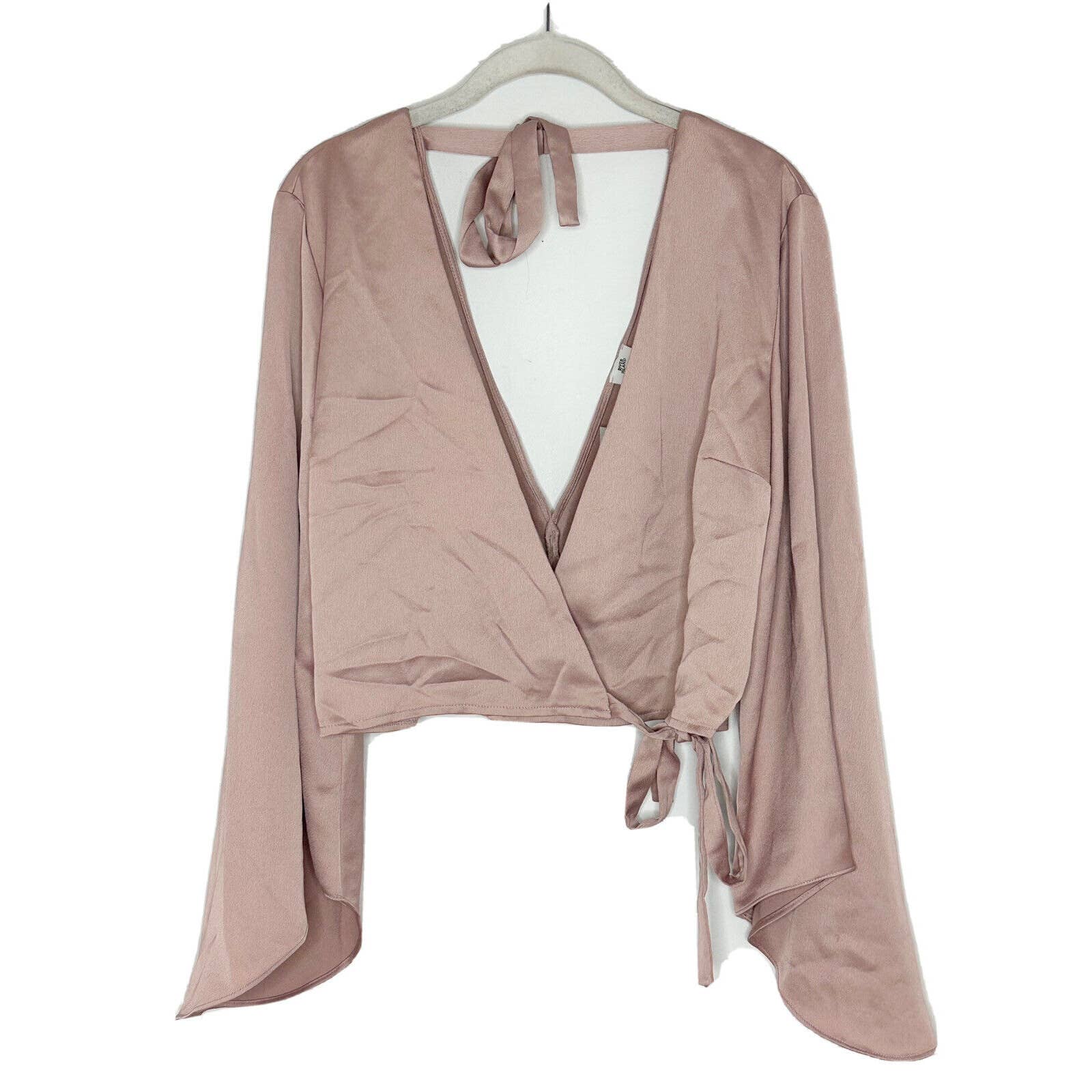 Nwt River Island Blush Pink Long Flounce Sleeve Cropped Wrap Blouse Size 12